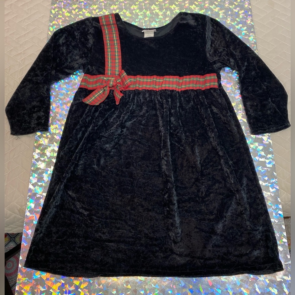 Vintage Avon Style Christmas Holiday Church Dress Tartan Ribbon Black Velvet 6/7